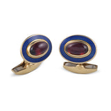 18ct Yellow Gold Oval Garnet Cufflinks With Blue Enamel Border