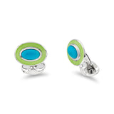 Sterling Silver Oval Cabochon Turquoise Cufflinks With Lime Green Enamel Border