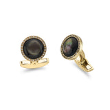 18ct Gold Round Cufflinks with Diamonds and Black Mother Of Pearl