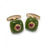 18ct Yellow Gold Nephrite Bouton Cufflinks with a Ruby Centre