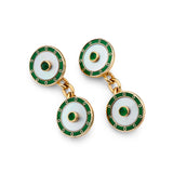 9ct Yellow Gold Mother Of Pearl Chain Link Cufflinks With Green Enamel Border And Emerald Centre