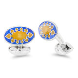 Sterling Silver Royal Blue And Yellow Fancy Design Enamel Cufflinks