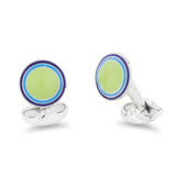 Sterling Silver Round Lime Green Enamel Cufflinks With Navy and Sky Blue Border