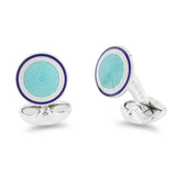 Sterling Silver Round Pale Blue Enamel Cufflinks With Navy Blue And White Border