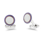 Sterling Silver Round Clear Enamel Cufflinks With Navy Blue And Red Border