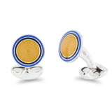 Sterling Silver Round Yellow Enamel Cufflinks With Royal Blue And Black Enamel Border