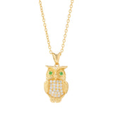 18ct Yellow Gold Diamond Owl Pendant With Green Tsavorite Eyes