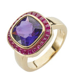 18ct Yellow Gold Cushion Shape Amethyst Ring With Ruby Border