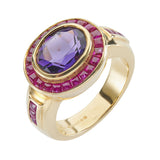 18ct Yellow Gold Oval Shape Amethyst Ring With Ruby Border And Shoulders