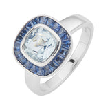 18ct White Gold Cushion Shape Aquamarine Ring With Sapphire Border