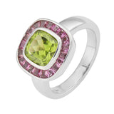 18ct White Gold Cushion Shape Peridot Ring With Pink Tourmaline Border