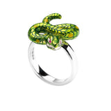 Sterling Silver Green Snake Ring with Ruby Eyes