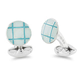 Sterling Silver Round Light Blue And Turquoise Cross Hatch Enamel Cufflinks