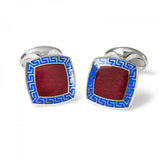 Sterling Silver Red Enamel Cufflinks with Blue Patterened Border