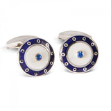 18ct White Gold Round Cufflinks with Blue Border & Mother of Pearl and Sapphire Centre