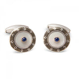 18ct White Gold Round Cufflinks with Dark Grey Border & Mother of Pearl and Sapphire Centre