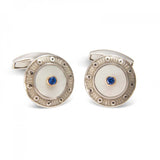 18ct White Gold Round Cufflinks with Light Grey Border & Mother-of-Pearl and Sapphire Centre