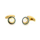 18ct Yellow Gold Cultured Pearl Cufflinks With Navy Blue Enamel Border