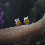 Sterling Silver Brown Owl Cufflinks with Sapphire Eyes