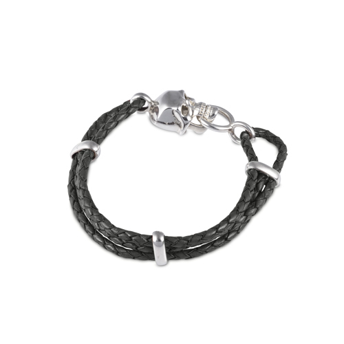 Black Leather Adjustable Bracelet With Skull Clasp In Silver Finish ...